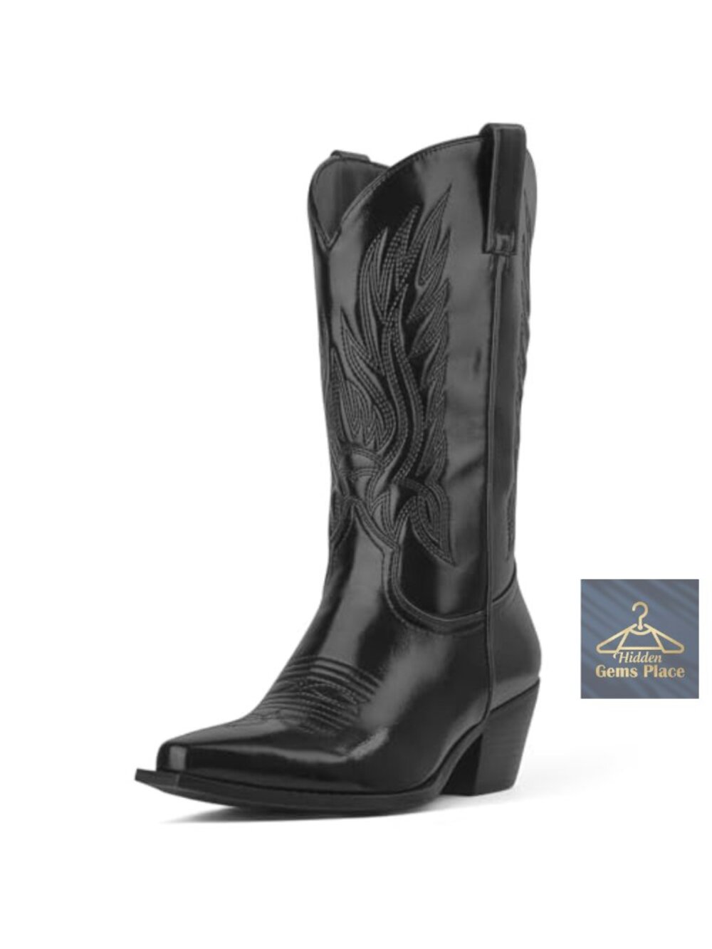 Women's Embroidered Mid Calf Cowboy Boots with Chunky Block Heels